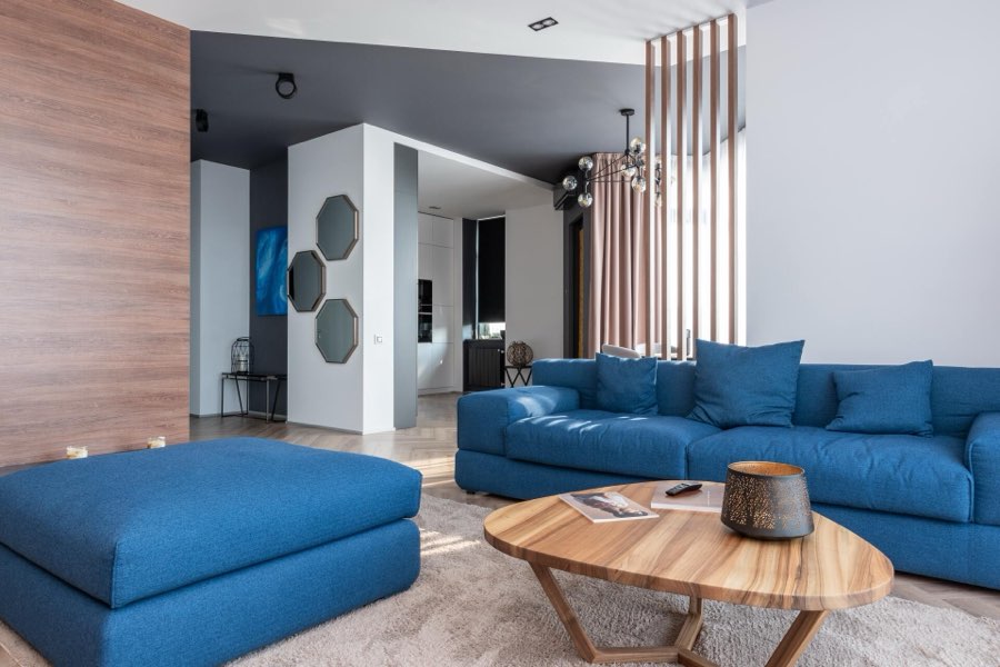 Living room with blue couches